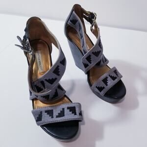 Cynthia Vincent Gray Tribal Wedge Sandals